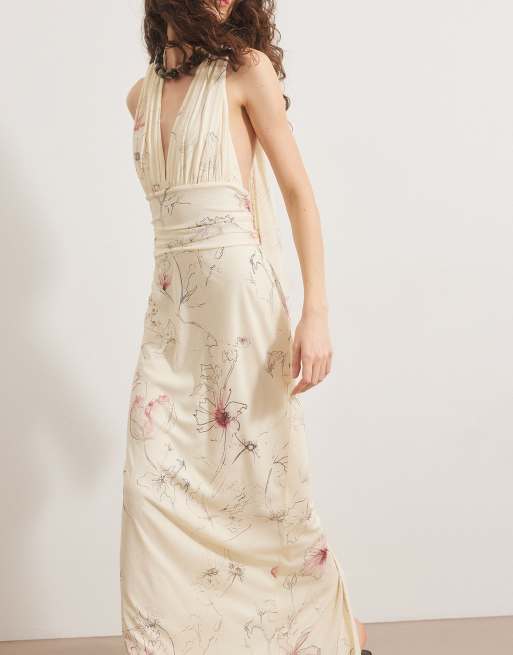 NA-KD Halterneck tie maxi dress in yellow misty flower, 3 of 5