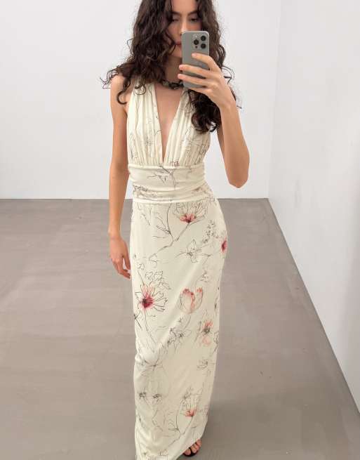 NA-KD Halterneck tie maxi dress in yellow misty flower, 5 of 5
