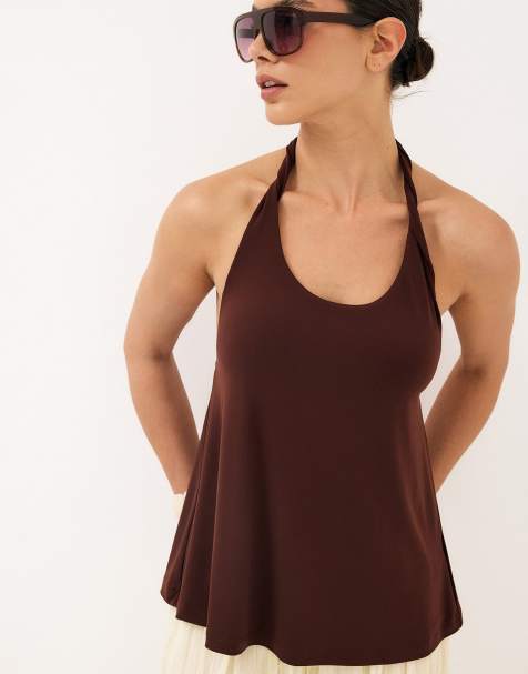 NA-KD Halterneck twist neckline top in brown