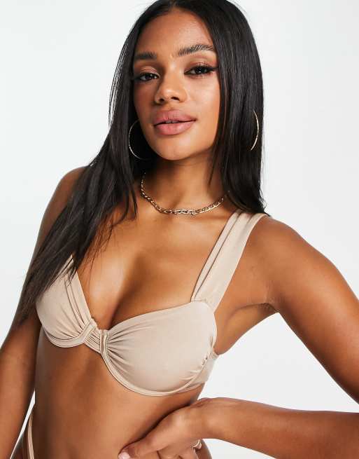 NA-KD - Haut de bikini à larges bretelles en tissu drapé brillant - Champagne