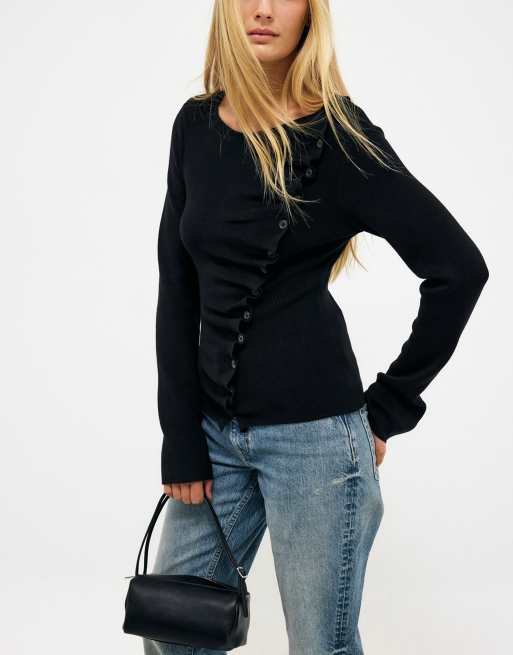 NA-KD haut en maille asymétrique boutonné noir, 3 de 5