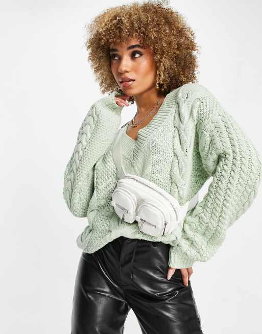 NAKD heavy cable knit sweater in dusty green ASOS