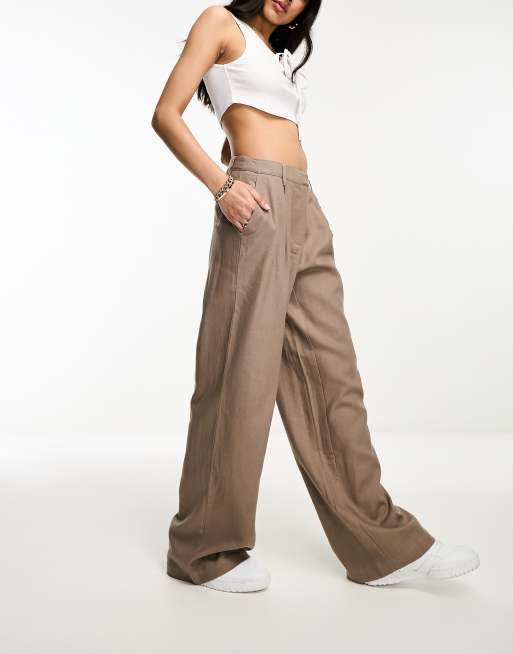 NA-KD heavy high waist wide leg linen pants in brown