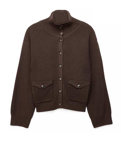 NA-KD Heavy rib pocket detail cardigan in dark brown, 4 of 5