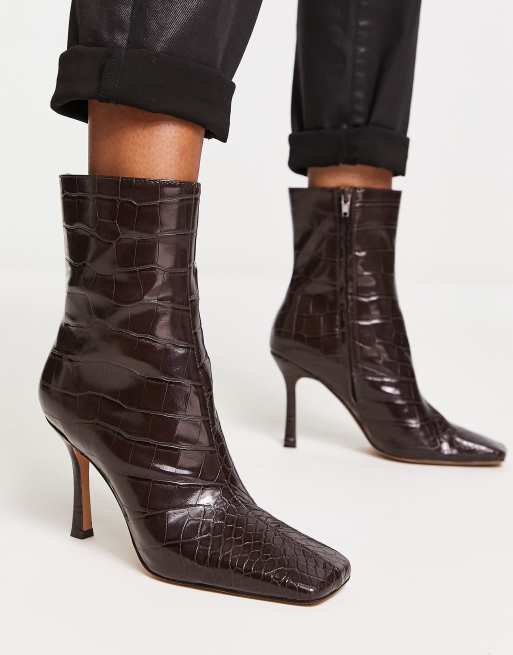 Black Pu Croc Square Toe Low Heeled Knee Boots