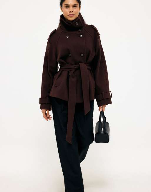 NA-KD High neck belted short coat in brown, 4 of 5