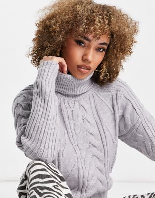 NA-KD high neck cable knit jumper in grey