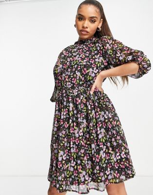 NA-KD high neck elastic waist puff sleeve dress in pink floral