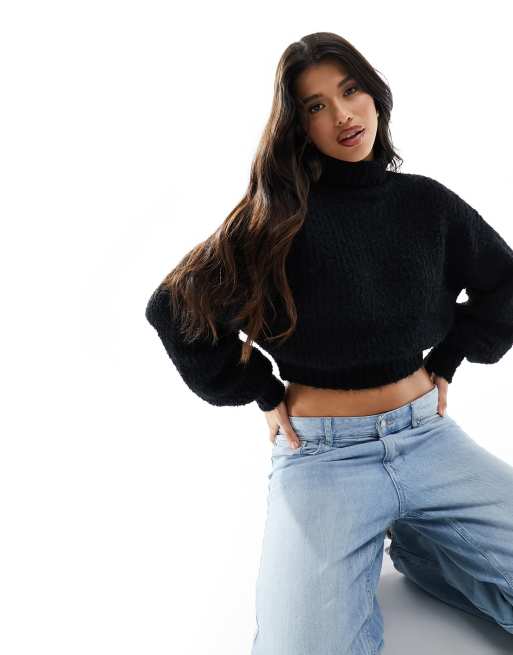 Black fuzzy sweater outlet crop top