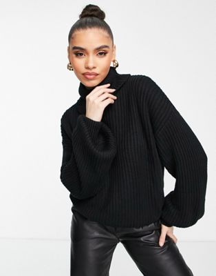 NA-KD high neck knit jumper with balloon sleeves in black