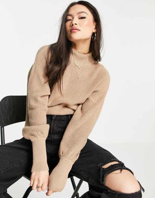 NA-KD high neck knitted jumper in beige