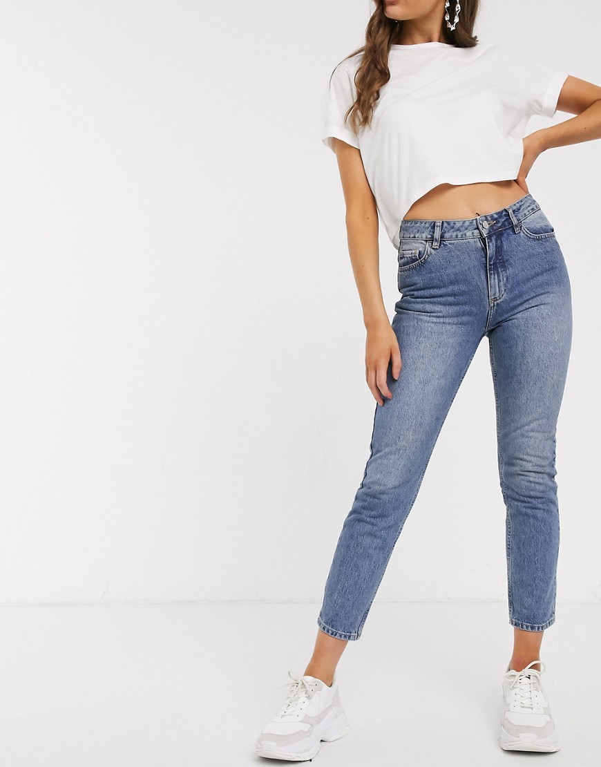 NA-KD high waist 5 pocket straight leg jeans in mid blue wash