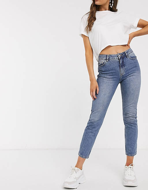 NA-KD high waist 5 pocket straight leg jeans in mid blue wash