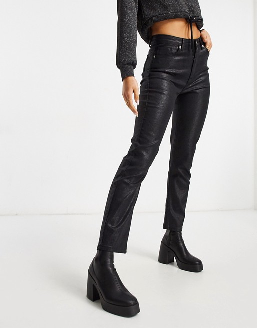 NA-KD high waist coated straight jeans in black