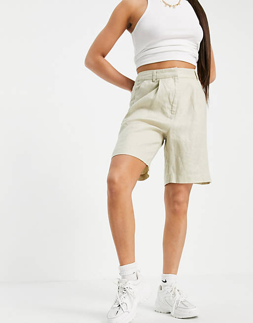 NA-KD high waist linen shorts in khaki