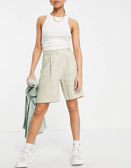  NA-KD high waist linen shorts in khaki 