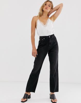 washed black raw hem straight leg jeans