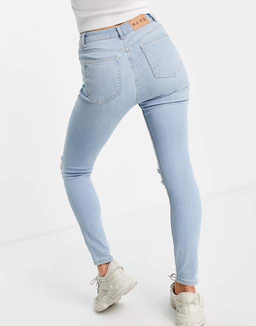 NA-KD high waist skinny ripped jeans in mid blue