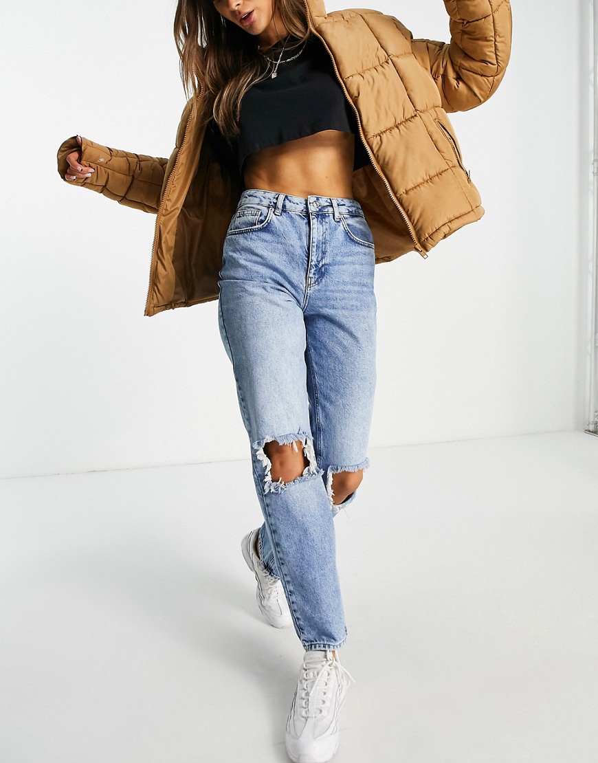 NA-KD high waist straight destroyed knee jeans in light blue