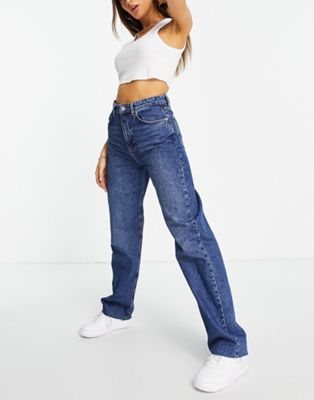 NA-KD high waist wide leg long jeans in dark blue