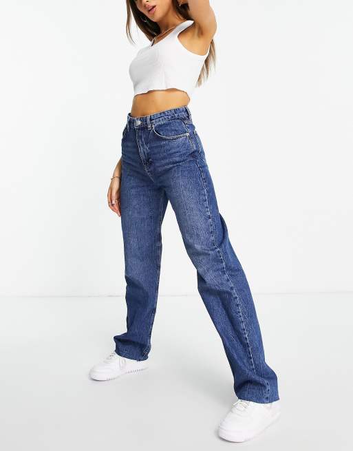 NA-KD waist wide leg long jeans in dark blue | ASOS