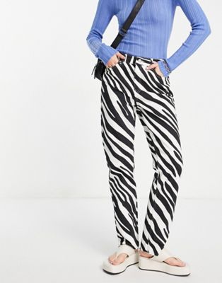NA-KD high waist zebra print straight leg jeans in black and white