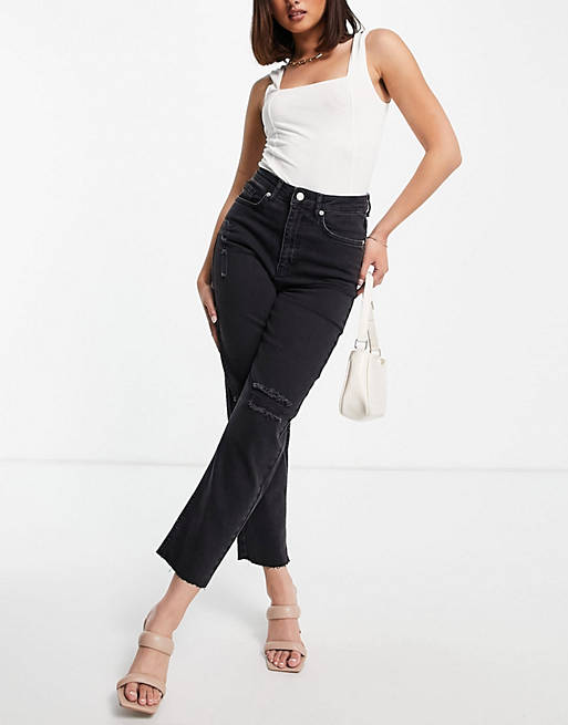 NA-KD high waisted straight destroyed jeans in black