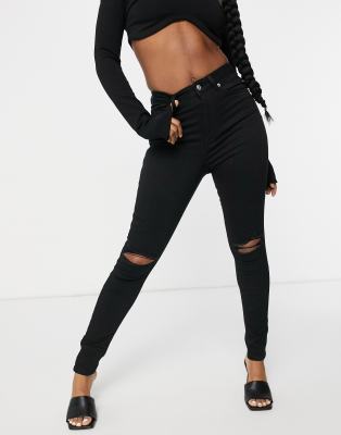 NA-KD NA-KD highwaist skinny ripped jean in black - BLACK