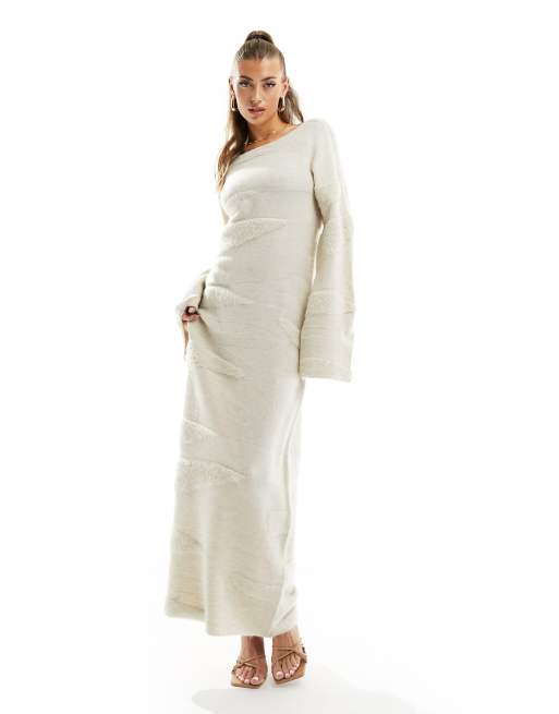 NA-KD jacquard knitted maxi dress in beige texture