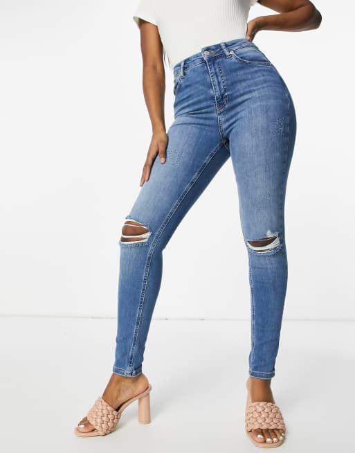 NA-KD - Jean skinny taille haute en coton effet déchiré - Bleu moyen - MBLUE