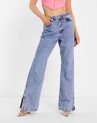 Jeans NA-KD - Jean taille haute à ourlet fendu - Bleu