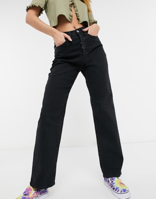 NA-KD - Jeans dritti in cotone nero - BLACK