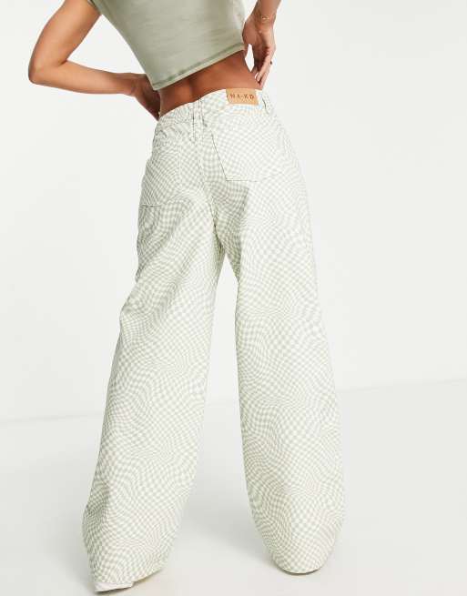 NA-KD - Jeans met wijde pijpen en groene dambordruitprint, 2 van 4