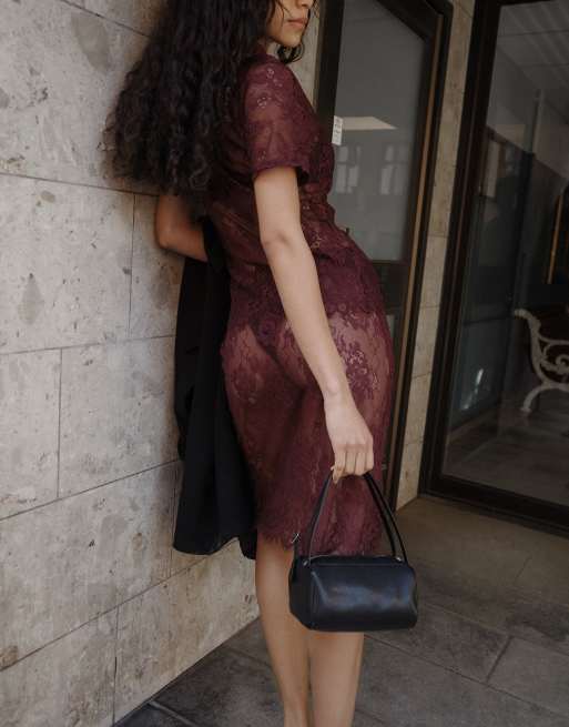 NA-KD Jersey pencil lace midi skirt in burgundy, 2 of 5
