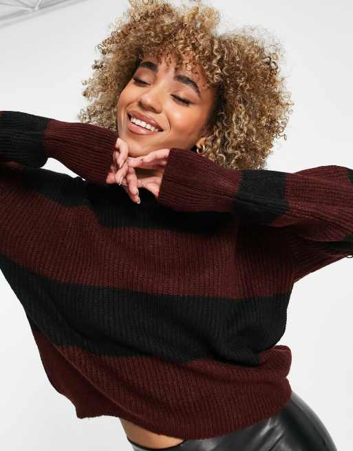 Topshop Tall Knitted Slouchy Sweater In Black And Charcoal