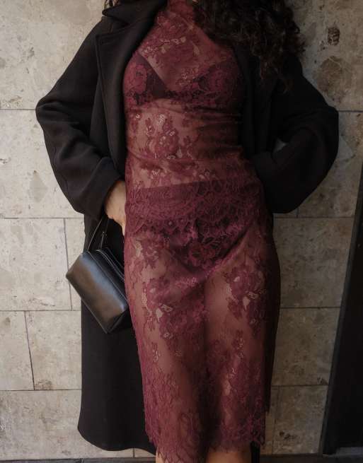 NA-KD jupe crayon midi en jersey à dentelle bordeaux, 4 de 5