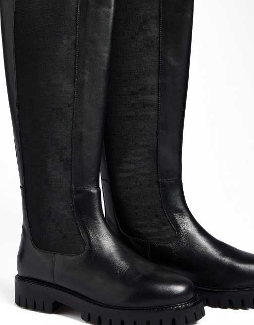 NA-KD Knee high leather elastic boots in black, 4 of 4