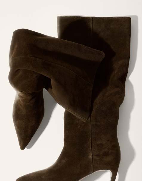 NA-KD Knee high suede boots in khaki brown - view 1