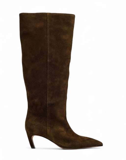 NA-KD Knee high suede boots in khaki brown, 2 of 5