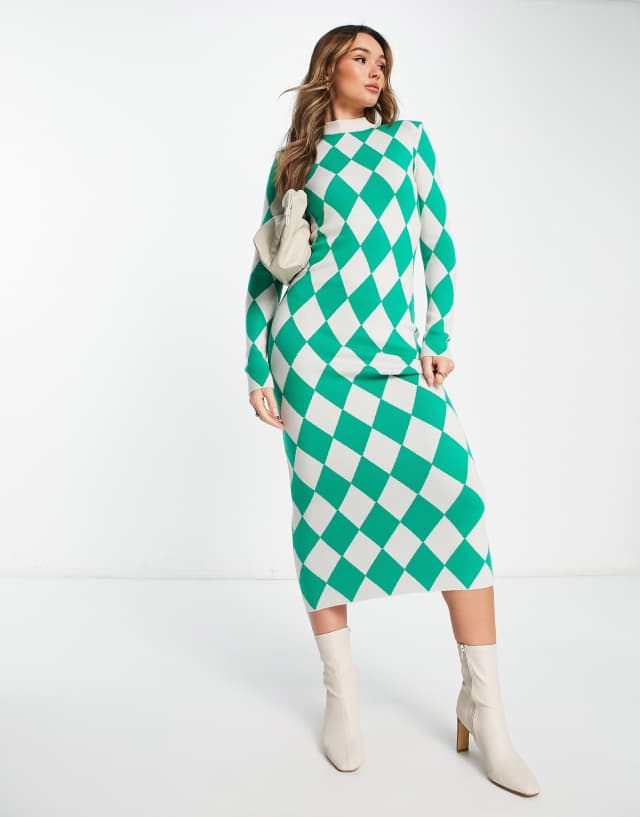 NA-KD knit high neck maxi dress in green diamond print