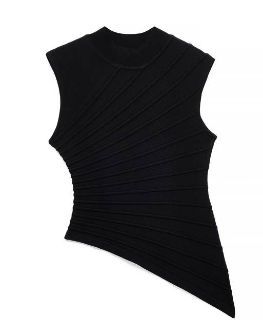 NA-KD Knitted asymmetric rib top in black, 5 of 5