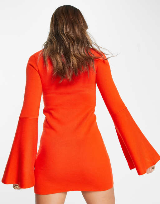 orange bell sleeve dress ASOS DESIGN plisse long sleeve drape detail maxi dress in burnt orange