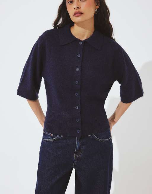 NA-KD Knitted collar cardigan in navy, 2 of 5