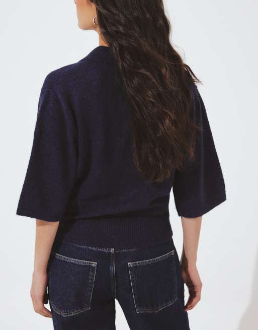 NA-KD Knitted collar cardigan in navy, 3 of 5
