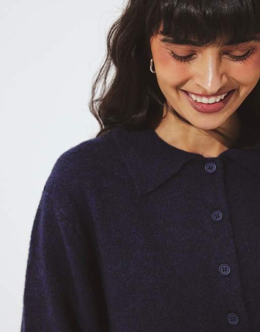 NA-KD Knitted collar cardigan in navy, 4 of 5