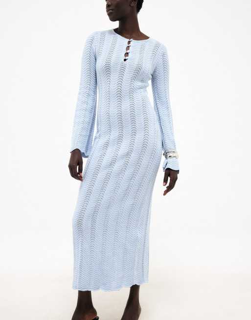 NA-KD Knitted crochet maxi dress in light blue, 4 of 5