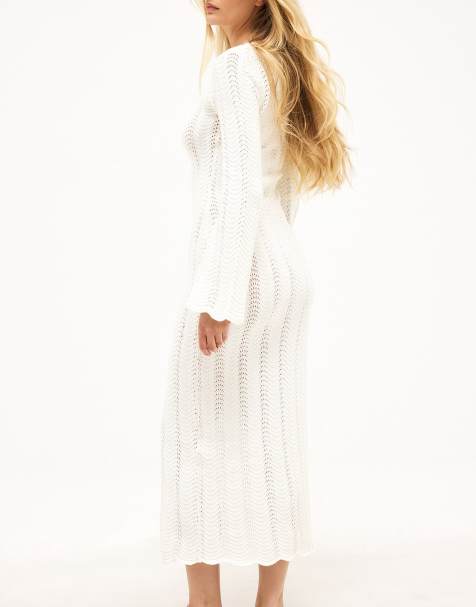 NA-KD Knitted crochet maxi dress in offwhite - view 1