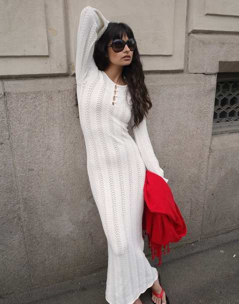 NA-KD Knitted crochet maxi dress in offwhite