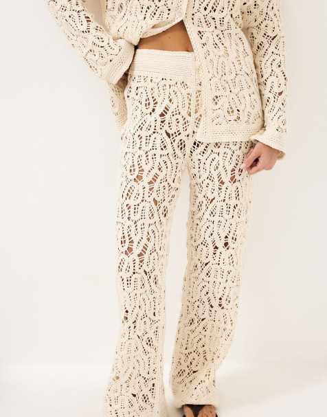 NA-KD Knitted crochet trousers in cream