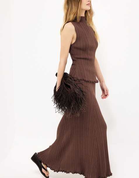 NA-KD Knitted frill detail sleeveless top in brown